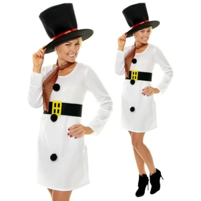 Image of Miss Snowman Costume, White with Dress, Hat, Scarf &amp; Belt, Christmas Adult Fancy Santa Dress Up Costumes (XLarge)