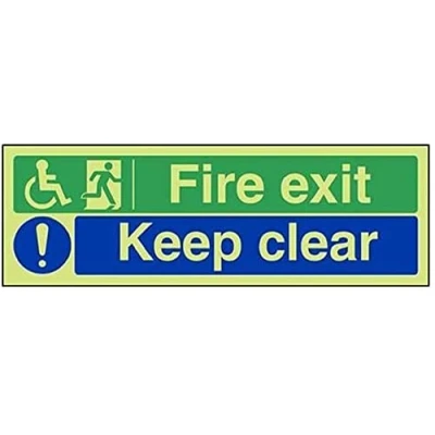 Image of V Safety Glow In The Dark Wheel Chair Fire Exit/Keep Clear Sign 300mm x 100mm Self Adhesive Vinyl