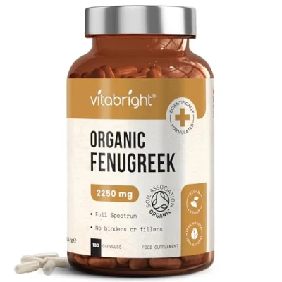 Image of Organic Fenugreek Capsules, 2250mg High Strength, 180 Capsules (not Tablets, not Powder), 60 Day Supply, Supports Healthy Blood Sugar Levels &amp; Cholesterol, Vegan, for Women Men, VitaBright