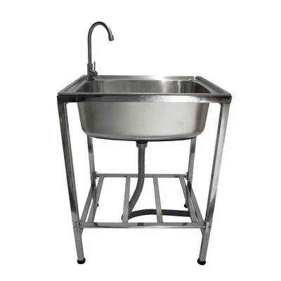 Image of Monster Shop Camping Sink with Tap and Drainage Pipe Outdoor Stainless Steel Metal Wash Basin Free Standing Portable Handwash Station