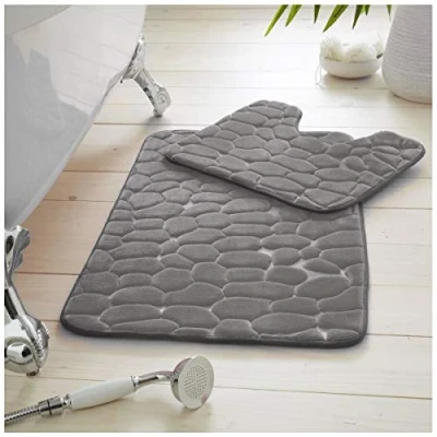 Image of GC GAVENO CAVAILIA Premium 2 Piece Pebble Bath Mat Non Slip Pedestal Set, Extra Absorbent 100% Memory Foam Bathroom Toilet Rug, Regular (50x80, 50x40 cm), Grey