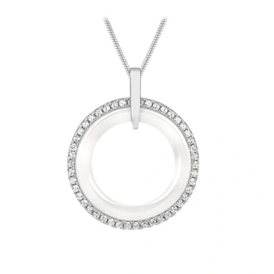 Image of Tuscany Silver Women&#039;s Sterling Rhodium Plated Cubic Zirconia Pave Set 20 mm White Ceramic Ring Pendant on Adjustable Snake Chain Necklace of Length 41 cm/16 Inch 46 cm/18