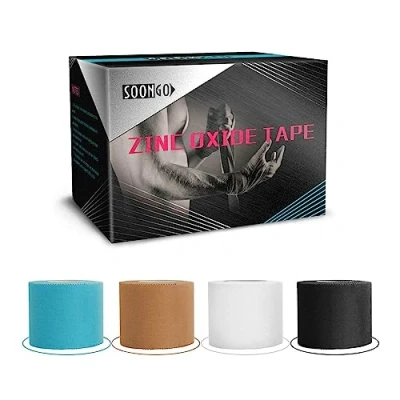 Image of SOONGO Zinc Oxide Tape 2.5cm x 10m White 4 Rolls Sports Strapping Athletic Inelastic Provide Maximum Support Fixed Joint Good Viscosity Hypoallergenic