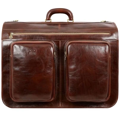 Image of Leather Garment Bag Suit Duffel Slim Carry on Suitcase Dress Protection Brown Time Resistance