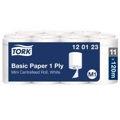 Image of Tork Basic Universal Strong Absorbent Paper Roll Compatible with M1 Mini Centrefeed System, 11 x 120 m (1 Rolls)