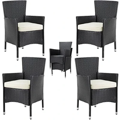 Image of CASARIA® Set of 4 Polyrattan Garden Chairs Stackable Weatherproof High Back Armchairs with 7cm Padded Seat Cushions 160kg Load Capacity Outdoor Patio Balcony Furniture Black