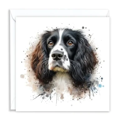 Image of Springer Spaniel Black Dog Watercolour Splash Effect Artistic Blank Greeting Card