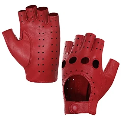 Image of Harssidanzar Womens Leather Gloves,Womens Lambskin Half Finger Fingerless Driving Gloves Unlined GL012,Red,Size M