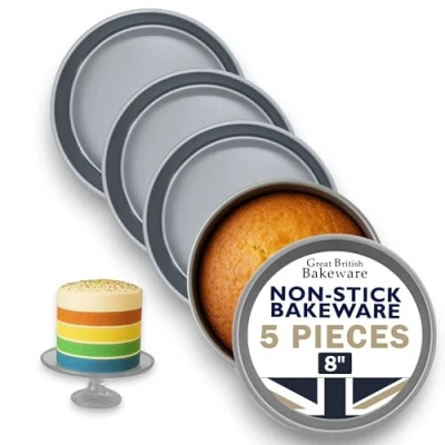 Image of Samuel Groves 5 x Victoria Sandwich Cake Tin Pan 8&quot; (20cm) Fixed Base Air fryer Safe UK Made Double Coil Coated Non Stick