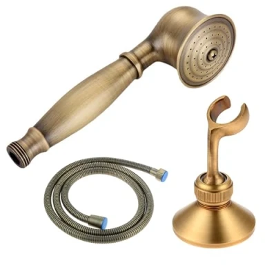 Image of DRELD 3Pcs Retro Shower Set, 1 Brass Hand Shower, 1.5m Hose and Head Holder, Nostalgic Kit Antique Set (Golden)