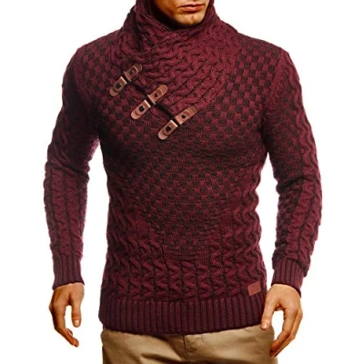 Image of Leif Nelson Men&#039;s Knitted Pullover Shawl Collar Slim Fit Winter Summer Modern Men Black Jumper T Shirt Long Sleeve with Hoodie Wool 5255, Bordeaux black, XXXXXL