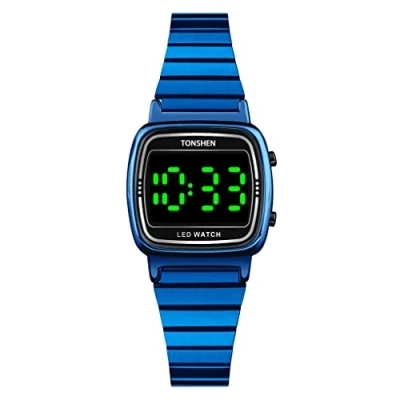 Image of TONSHEN Fashion Stainless Steel Watch for Women LED Electronic Light Display Digital Watches (Blue)