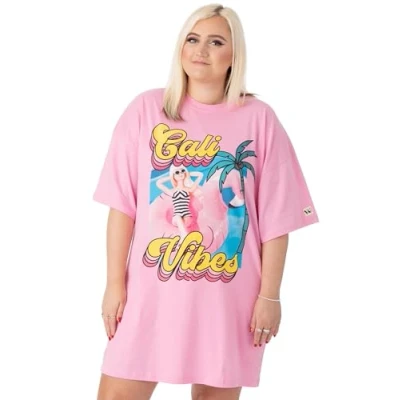 Image of Barbie Womens T Shirt Dress Pink Short Sleeve California Vibes Oversized Graphic Tee Ladies Doll Summer Outfit Cute Fashionable Movie Merchandise Gift Top for Adults