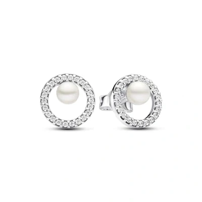 Image of Pandora Timeless Sterling silver stud earrings with white treated freshwater cultured pearl and clear cubic zirconia