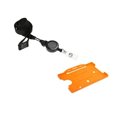 Image of ID Card It Orange Badge Holder, with Black Lanyard Neck Strap and Integrated Yo Reel 2