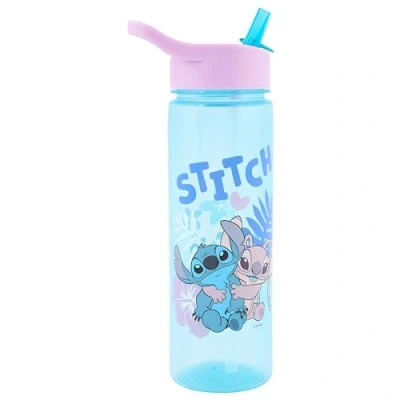 Image of Disney Stitch Water Bottle Flip Up Straw 600ml Official Merchandise by Polar Gear Kids Reusable Non Spill BPA Free Ideal For School Nursery Sports Picnic