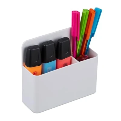 Image of Relaxdays Pen Holder, Set of 2, Magnetic, Office Organiser, HxWxD: 11.5 x 12.5 4 cm, Wall Accessory, Pencil Cup, White, Plastic, Iron