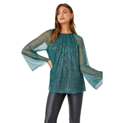Image of Roman Plisse Overlay Wide Sleeve Top for Women UK Ladies Autumn Everyday Winter Holiday Round Neckline Comfy Frill Hemline Party Keyhole Detail Soft Dinner Date Shirts Turquoise Size 10
