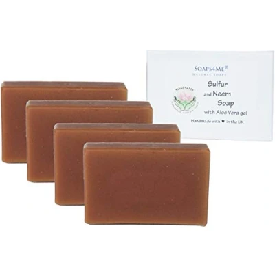 Image of SOAPS4ME Sulphur and Neem Handmade Natural Soap Set of 4 for The Price 3 with Aloe Vera Gel, Eucalyptus Essential Oils