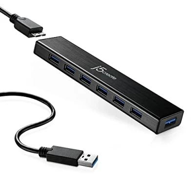 Image of j5create 7 Port Powered USB Type A 3.0 Data Hub with 100cm Extended Cale [20W Power Adapter Included] for Mac, MacBook, Windows, Laptop, Surface, XPS, PC (JUH377)