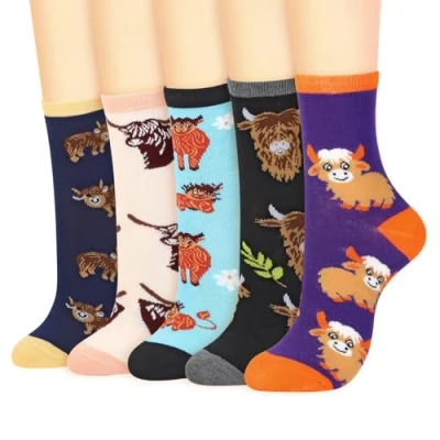 Image of Vinsani 5 Pair Pack Cute Animal Print Socks Fun Colorful Cotton One Size Fits All Soft Breathable Comfortable Everyday for School Casual Wear (UK, Age, Size, Regular, Cow)