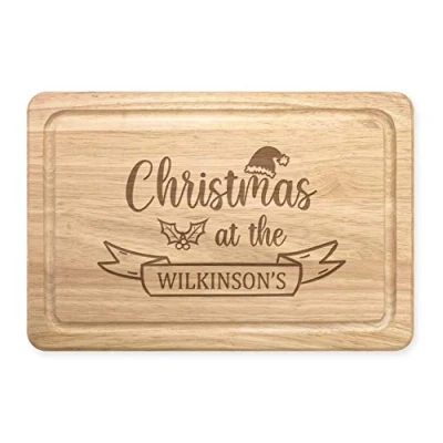 Image of Personalised Custom Name Christmas At The Rectangular Wooden Chopping Cheese Board