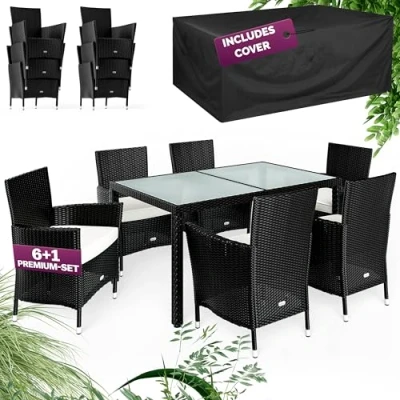 Image of CASARIA® 6+1 Polyrattan Garden Dining Furniture Set with Weatherproof Cover &amp; Seat Cushions 6 Person Patio Seating Group Stackable Chairs 150x90cm Table Frosted Glass Top Black