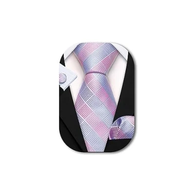 Image of Barry Wang Men&#039;s Pink Blue Ties Plaid Check Necktie Cufflinks Handkerchief Formal Business Wedding