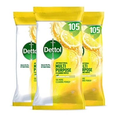 Image of Dettol Antibacterial Multipurpose Cleaning Wipes, Citrus Zest Fragrance, Multipack of 3 x 105 Total 315 Wipes