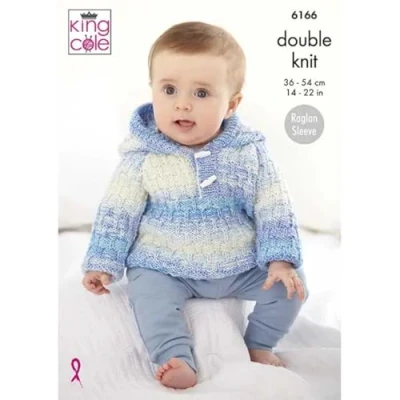 Image of King Cole Baby DK Knitting Pattern 6166 Sweater, Cardigan, Helmet &amp; Hooded Sweater
