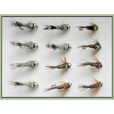 Image of 12 Barbless Goldhead Nymph Flash Head Hares Ear and Pheasant Tail, Choice of sizes (Mixed)