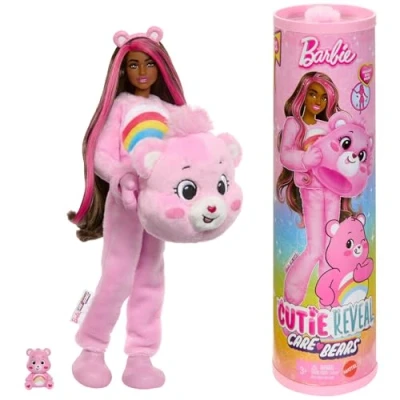 Image of Barbie Cutie Reveal Care Bears Series Doll &amp; Accessories Set with Cheer Bear Plush Costume 10 Surprises Including Color Change Mini Bear, JCN95