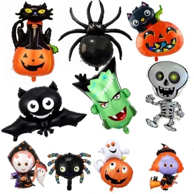 Image of 10PCS Halloween Balloons, Giant Foil Party Pumpkin Spider Bat Witch Skeleton Ghost Helium Balloons for Kids Decoration