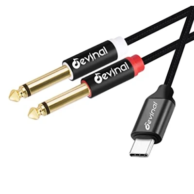 Image of Devinal USB C to 1/4&quot; inch Audio Cable, Type Dual 6.35mm TRS Stereo Aux Cord Y Splitter for Smartphone, Tablet, Laptop Link Amplifier, Mixing Console Mixer, Speaker, 6.6 Feet