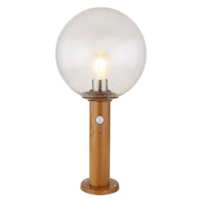 Image of Ossy PIR Outdoor Pedestal Light Wood Look IP44 Clear Glass Shade 1x E27 Dawn Dusk Sensor