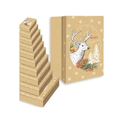 Image of Christmas 10 Piece Brown Stacking Nested Gift Box Set Woodland Stag Design