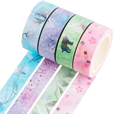 Image of Yubbaex Washi Tape set Scrapbook Craft Supplies for DIY, Decorative, Gift Wrapping, Scrapbooking 4 Rolls x 15mm Wide (Silver)