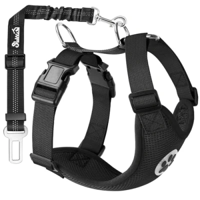 Image of SlowTon Dog Car Harness Seatbelt Set, Pet Vest with Safety Seat Belt for Trip and Daily Use Adjustable Elastic Strap Multifunction Breathable Fabric in Vehicle Dogs