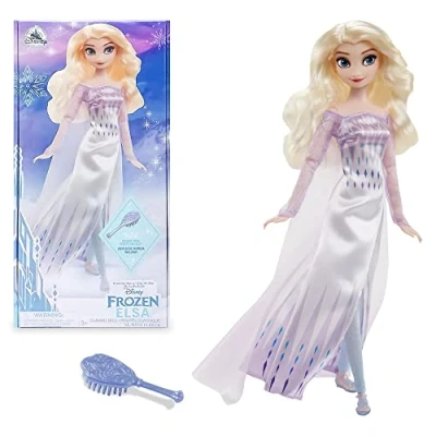 Image of Disney Store Official Elsa the Snow Queen Classic Doll for Kids, Frozen 2, 29cm/11, Includes Silver Toned Brush with Moulded Details, Fully Posable Toy Suitable Ages 3+