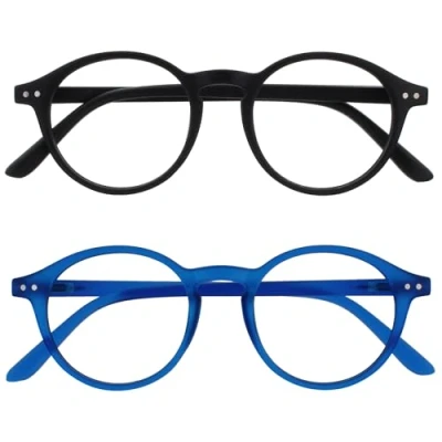 Image of OPULIZE REY Reading Glasses 2 Pack Retro Round Frame Matt Black, Blue Mens Womens Spring Hinges RR56 13 +3.00