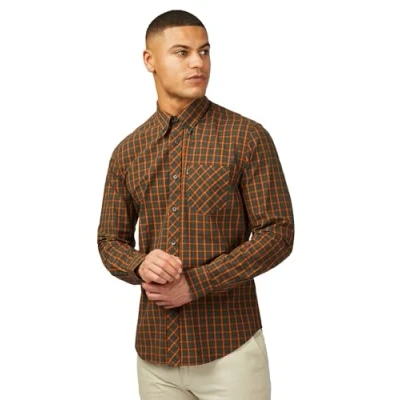 Image of Ben Sherman Men&#039;s Signature House Check Shirt, Long Sleeved, Button Down Collar (Orange) L
