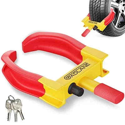Image of GADLANE Wheel Clamp Heavy Duty Car Lock with 3 Keys, Anti Theft Device Fits All 7 11&quot; Width Tyres, High Visibility for Car, Caravan, Trailer, Motorhome, Van (Yellow/Red)