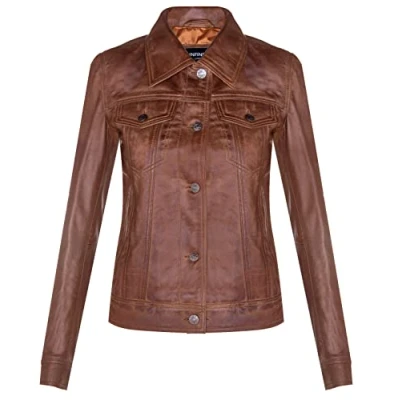 Image of Ladies Tan Brown Leather Trucker Jacket Classic Western Casual Denim Jeans M