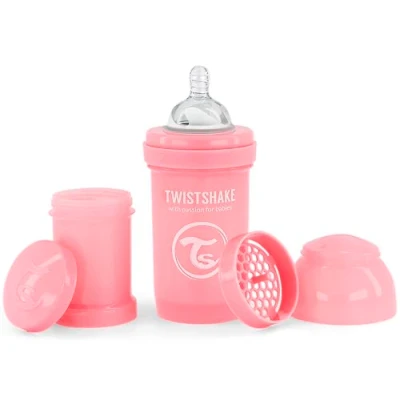 Image of Twistshake Anti Colic Baby Bottle with Milk Powder Container and Mixer 180ml Medium Flow Silicone Breast Like Nipple BPA Free Suitable for Newborn Babies (0+) Pastel Pink