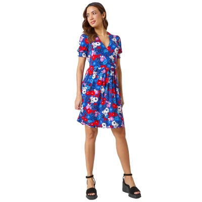 Image of Roman Originals Stretch Wrap Dress for Women UK Ladies Fit &amp; Flare Skater Summer Spring Holiday V Neckline Comfy Short Sleeve Soft Knee Length Frock Everyday Gowns Blue Pink Size 20