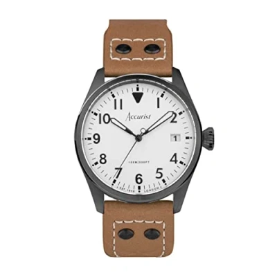 Image of Accurist Mens Aviation 41mm Quartz Watch in White with Analogue Display, and Beige Leather Strap 76003