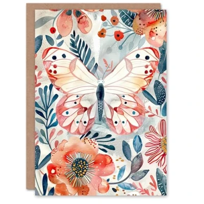 Image of Artery8 Greeting Card Butterfly Red Blue Floral Watercolour Folk Art For Her Woman Birthday