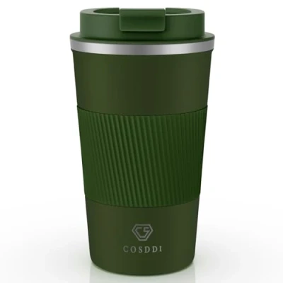 Image of CS COSDDI Travel Mugs, Insulated Coffee Cup with Leakproof Lid Reusable Cups Car Stainless Steel Mug for Hot and Cold Water Tea(Green A, 510 ml)