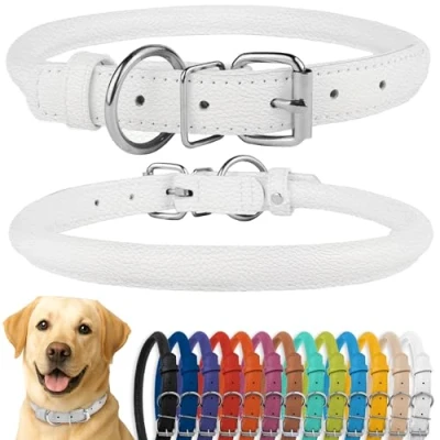Image of CollarDirect Rolled Leather Dog Collar, Soft Padded Round Puppy Handmade Genuine Collar Small Large Cat Collars Black Pink Red Purple Blue (Fits 20&quot; 23&quot; Neck, White)