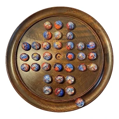 Image of 30cm Diameter wooden solitaire board game with FUNFAIR GLASS MARBLES classic strategy family games for one